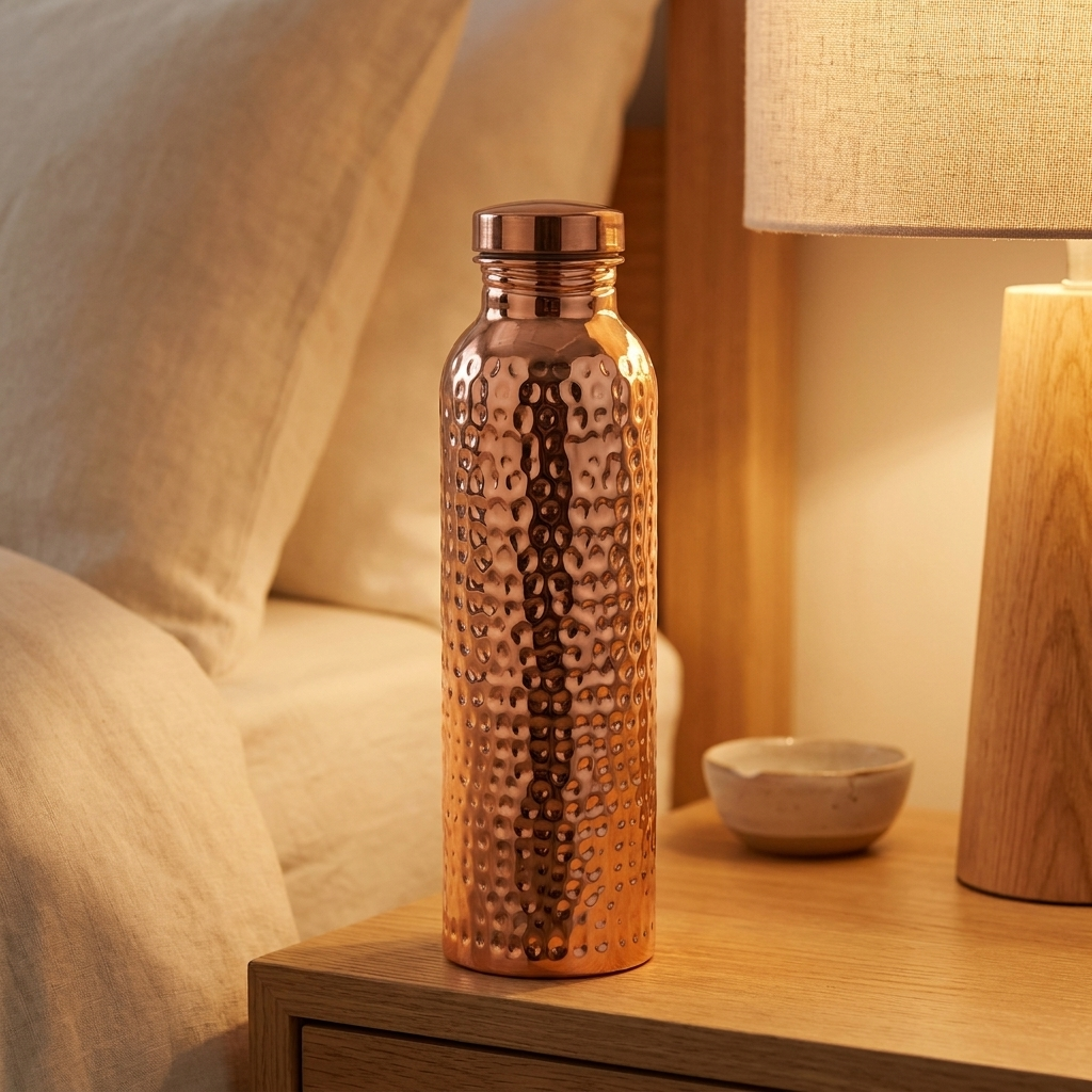 Copper water bottle on a bedside table